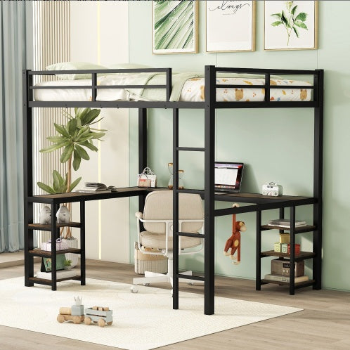 Full Metal Loft Bed with Ladder, Guardrails, Desk, and Shelves – Space-Saving Bedroom Furniture