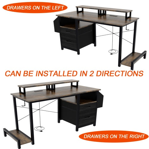 Rustic Brown Computer Desk – 47” Office Table with Drawer, Power Outlets & Dual Monitor Stands