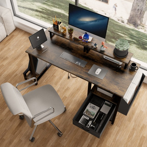 Rustic Brown Computer Desk – 47” Office Table with Drawer, Power Outlets & Dual Monitor Stands