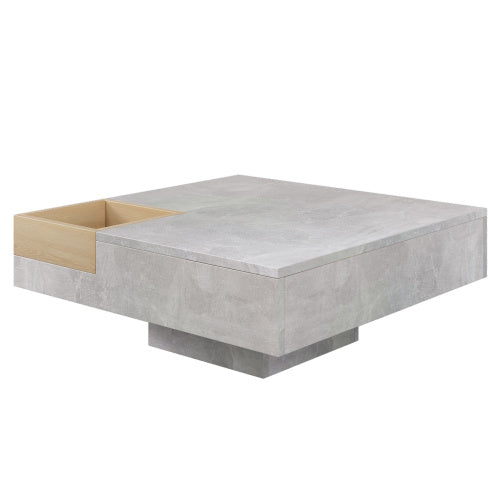 Living Room Coffee & Side Table with Storage Box – Gray Concrete & Wood Finish