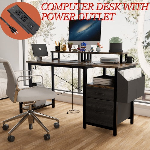 Rustic Brown Computer Desk – 47” Office Table with Drawer, Power Outlets & Dual Monitor Stands