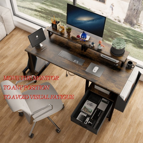 Rustic Brown Computer Desk – 47” Office Table with Drawer, Power Outlets & Dual Monitor Stands