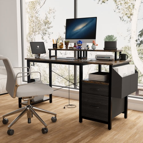 Rustic Brown Computer Desk – 47” Office Table with Drawer, Power Outlets & Dual Monitor Stands