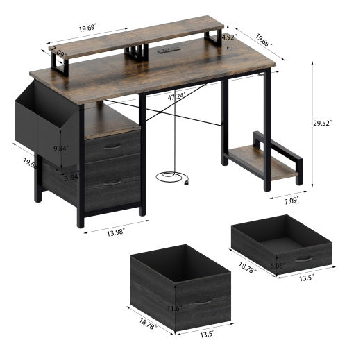 Rustic Brown Computer Desk – 47” Office Table with Drawer, Power Outlets & Dual Monitor Stands