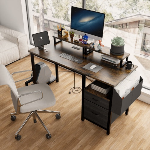 Rustic Brown Computer Desk – 47” Office Table with Drawer, Power Outlets & Dual Monitor Stands