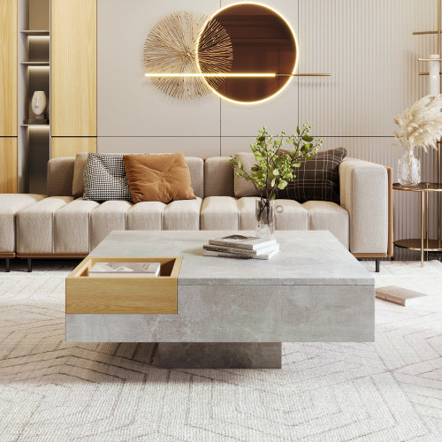 Living Room Coffee & Side Table with Storage Box – Gray Concrete & Wood Finish
