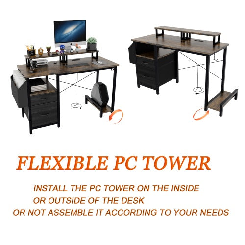 Rustic Brown Computer Desk – 47” Office Table with Drawer, Power Outlets & Dual Monitor Stands