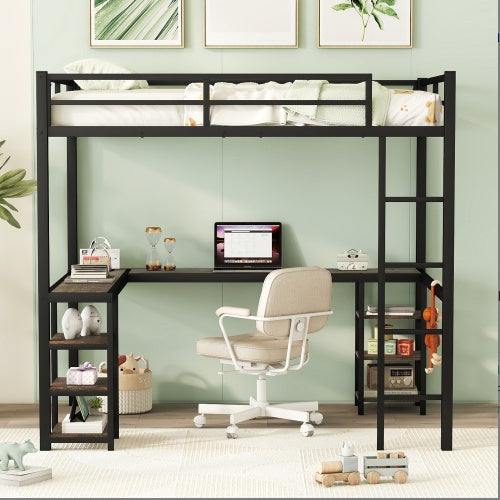 Full Metal Loft Bed with Ladder, Guardrails, Desk, and Shelves – Space-Saving Bedroom Furniture