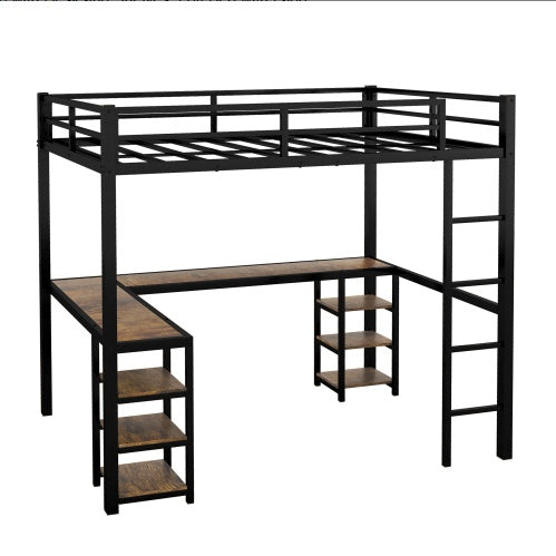 Full Metal Loft Bed with Ladder, Guardrails, Desk, and Shelves – Space-Saving Bedroom Furniture