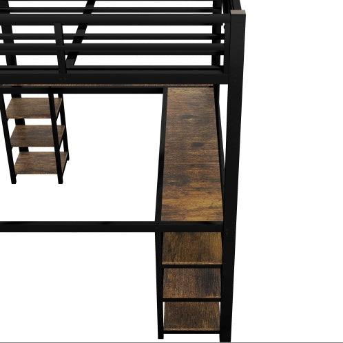 Full Metal Loft Bed with Ladder, Guardrails, Desk, and Shelves – Space-Saving Bedroom Furniture
