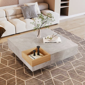 Living Room Coffee & Side Table with Storage Box – Gray Concrete & Wood Finish