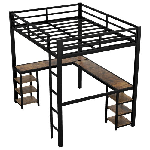 Full Metal Loft Bed with Ladder, Guardrails, Desk, and Shelves – Space-Saving Bedroom Furniture