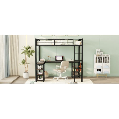 Full Metal Loft Bed with Ladder, Guardrails, Desk, and Shelves – Space-Saving Bedroom Furniture