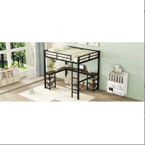 Full Metal Loft Bed with Ladder, Guardrails, Desk, and Shelves – Space-Saving Bedroom Furniture