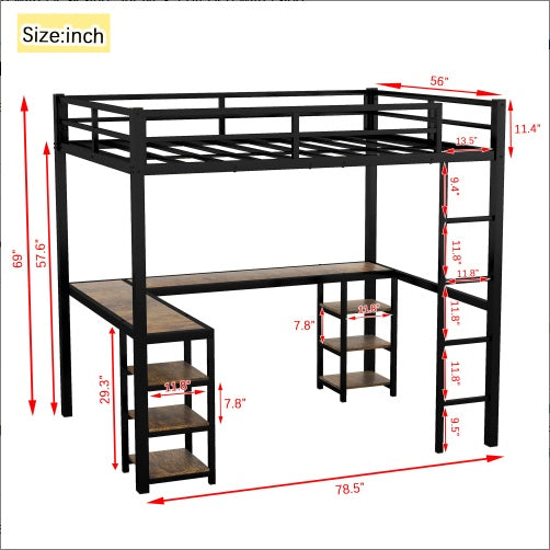 Full Metal Loft Bed with Ladder, Guardrails, Desk, and Shelves – Space-Saving Bedroom Furniture