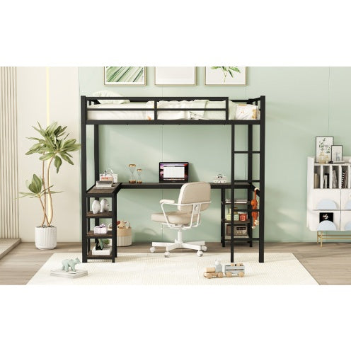 Full Metal Loft Bed with Ladder, Guardrails, Desk, and Shelves – Space-Saving Bedroom Furniture