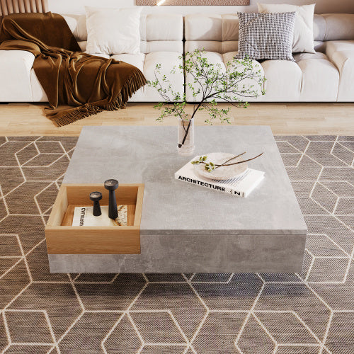 Living Room Coffee & Side Table with Storage Box – Gray Concrete & Wood Finish