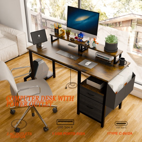 Rustic Brown Computer Desk – 47” Office Table with Drawer, Power Outlets & Dual Monitor Stands