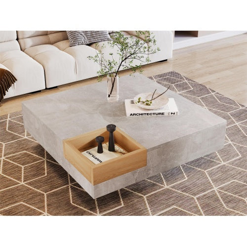 Living Room Coffee & Side Table with Storage Box – Gray Concrete & Wood Finish